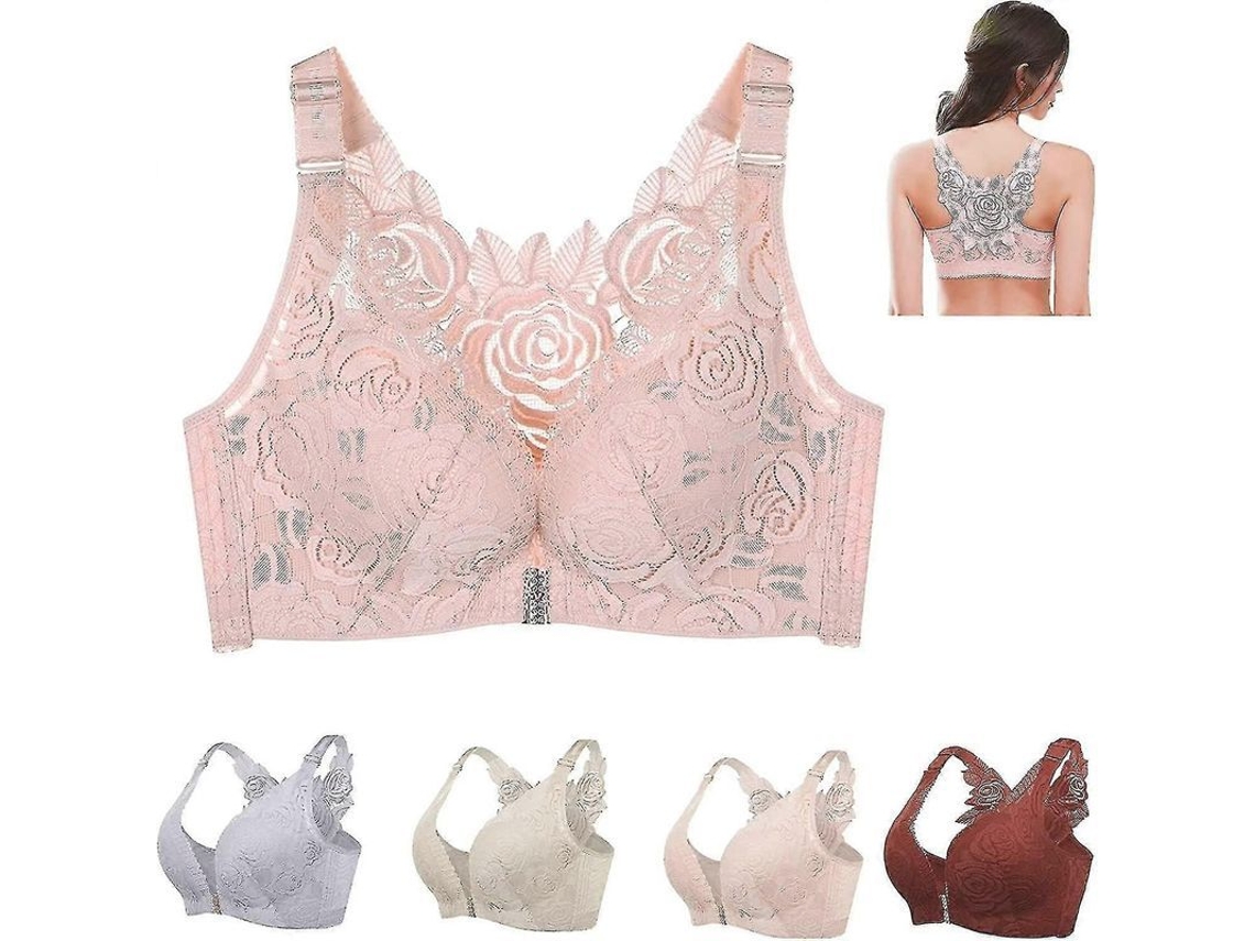 Sutiã Push Up sem aro com fecho frontal e renda rosa, confortável, tamanhos plus size 36-80C.