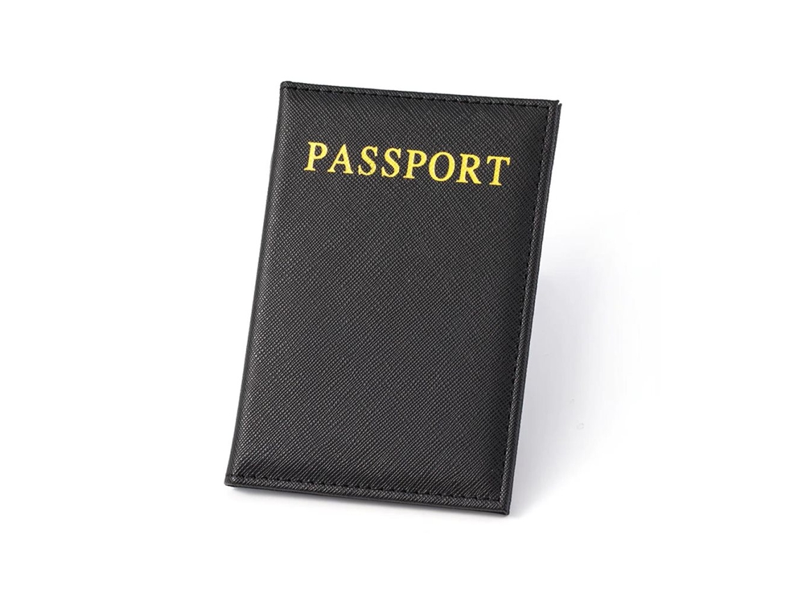 Porta-passaporte Em Couro Preto Com Detalhes Sintético Dourado
