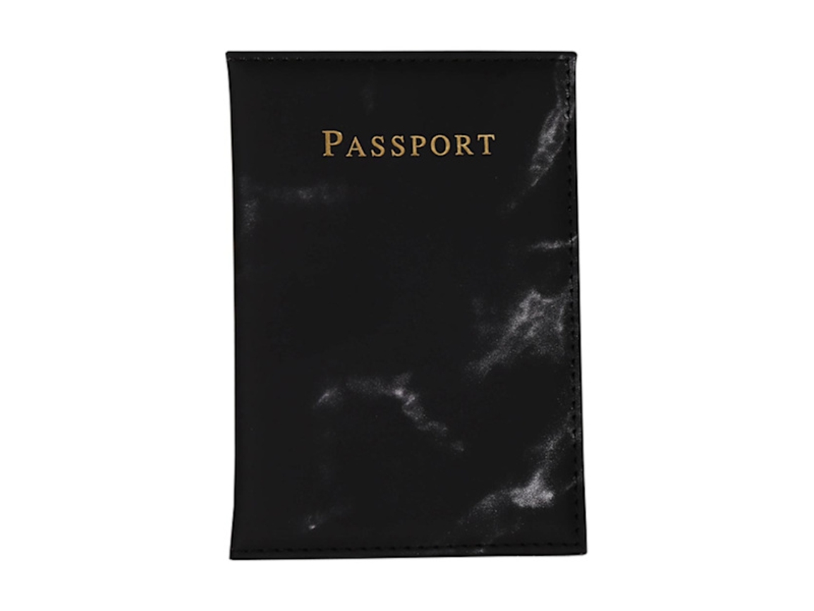 Porta-passaporte Em Couro Com Estampa De Mármore Preto E Detalhes Dourado