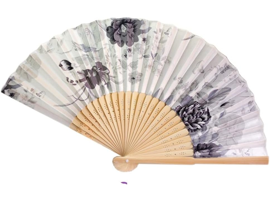 Leque de bambu dobrável tradicional chinês vintage feito à mão com flores, ideal para dançarinas chinesas. Presente perfeito para quem busca um presente de bolso.