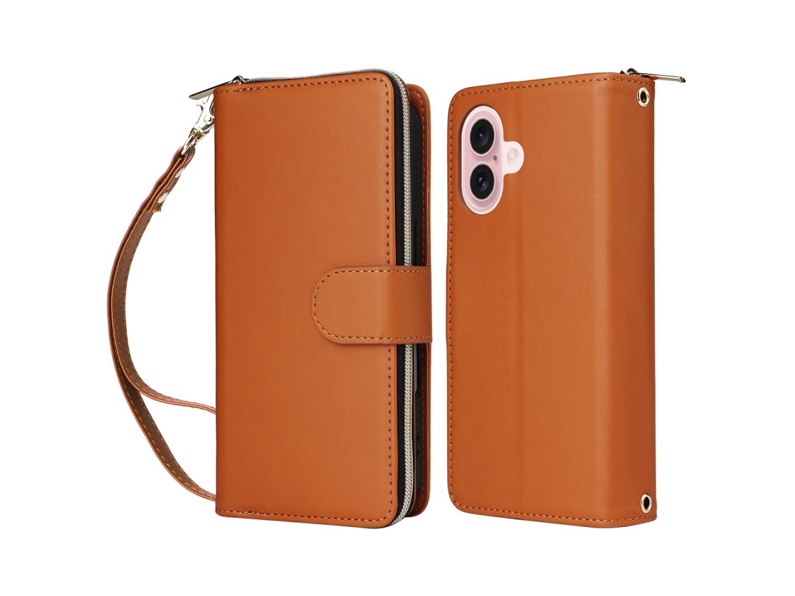 Capa Em Couro Pu Com Pega Para Apple Iphone 16 Castanho