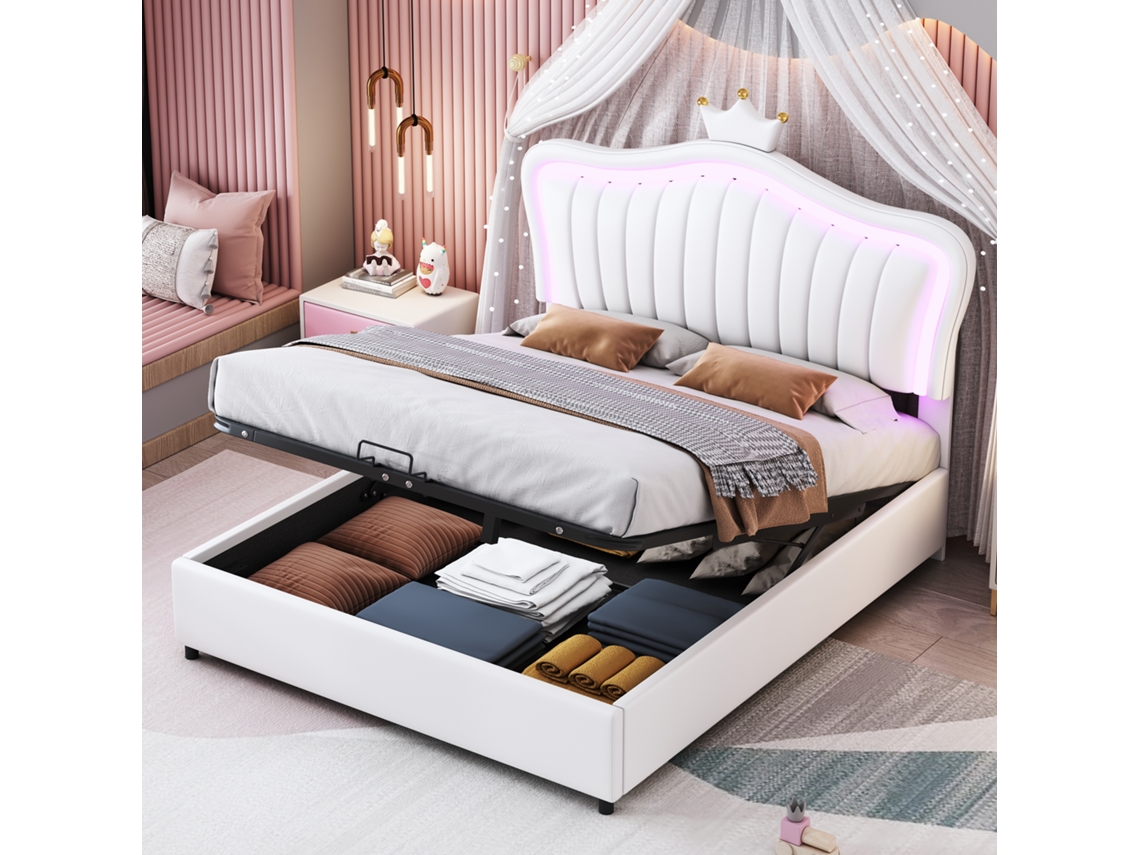 Cama Infantil Princess 140x200 Cm com Arrumação Hidráulica, Estrutura em Pu Branco, Iluminação Led, Estrado de Ripas Incluído. VSOGA