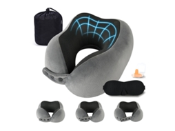 Travesseiro de viagem de espuma viscoelástica Slowmoose, travesseiro de pescoço ajustável com máscara para os olhos e protetores auriculares, cinza