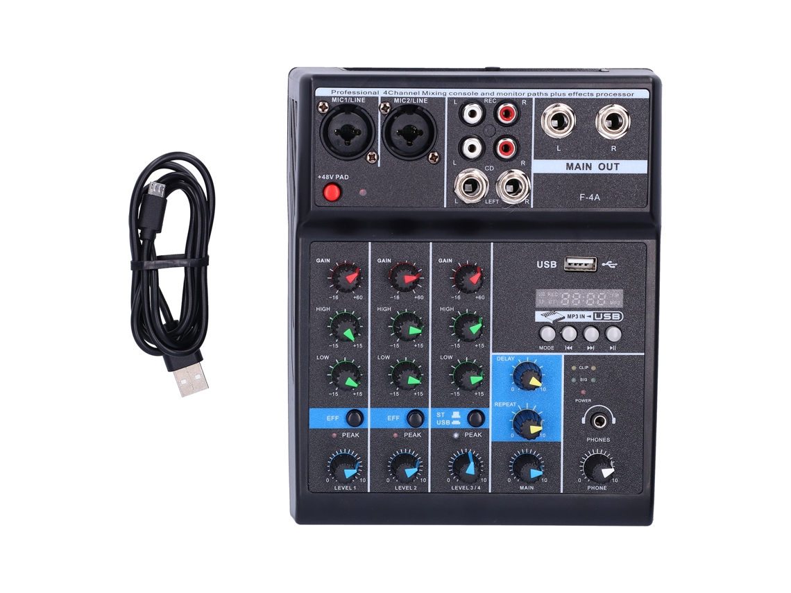 Mixer de Áudio EOOCOO 4 canais, USB, profissional