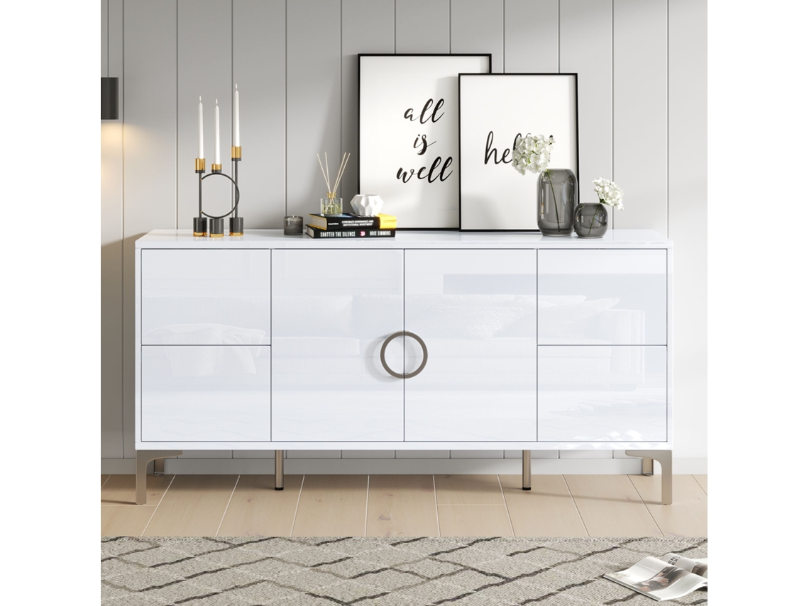 Aparador 150x38x59,5cm 4 Gavetas Branco Brilho Mdf Estável VOLTEDGE