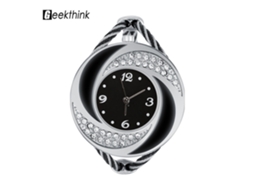 Relógio Analogico de Quartzo Geekthink Pulseira Aberta Bangle Prata Preta com Pedras