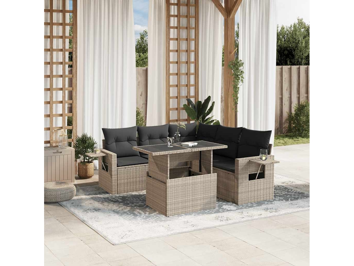 Vidaxl 6 Pcs Conj. Sofás Jardim Com Almofadões Vime Pe Cinzento-claro
