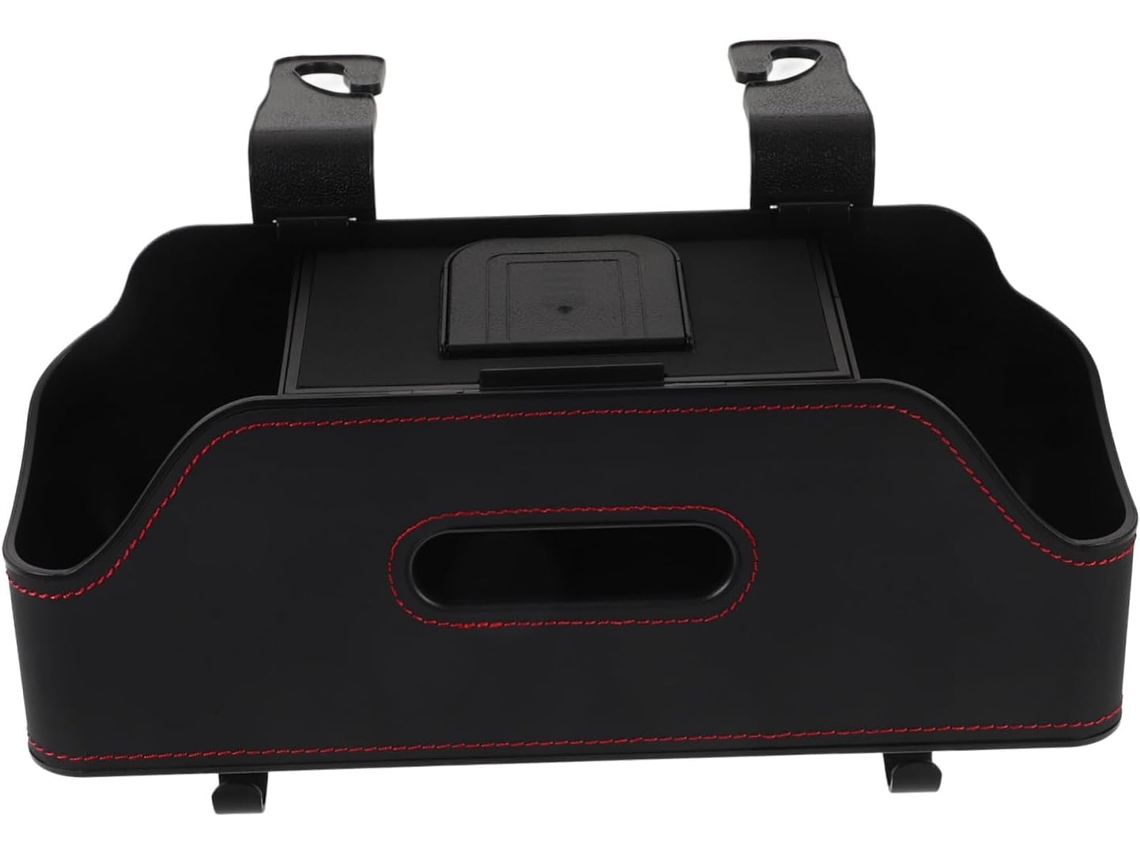 Organizador para banco traseiro de carro com porta-moedas e suporte para lentes.