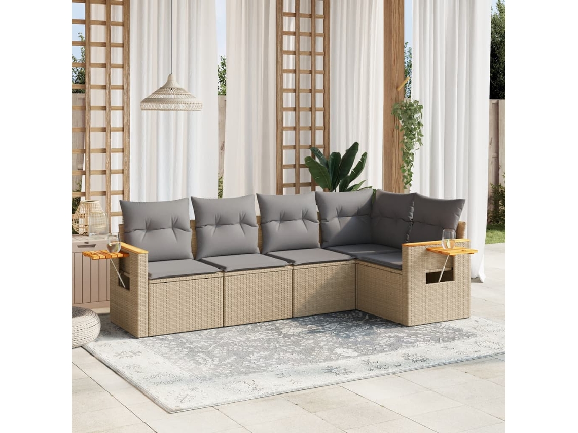 Vidaxl 5 Pcs Conjunto De Sofás P/ Jardim Com Almofadões Vime Pe Bege