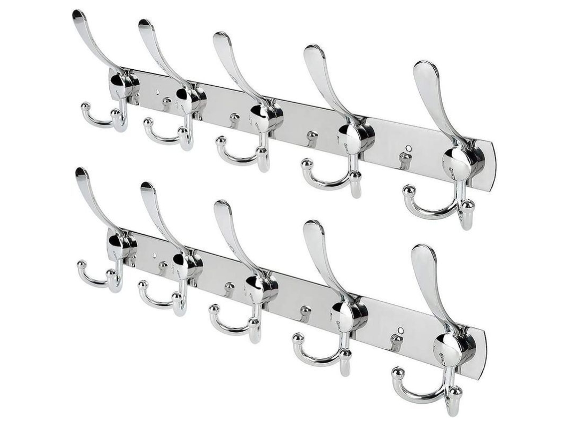 Gancho de Parede Nova Line em Aço Inoxidável, 40cm, para Casaco, Toalha, Chapéu, 2 Pacotes, 15 Ganchos, Prata