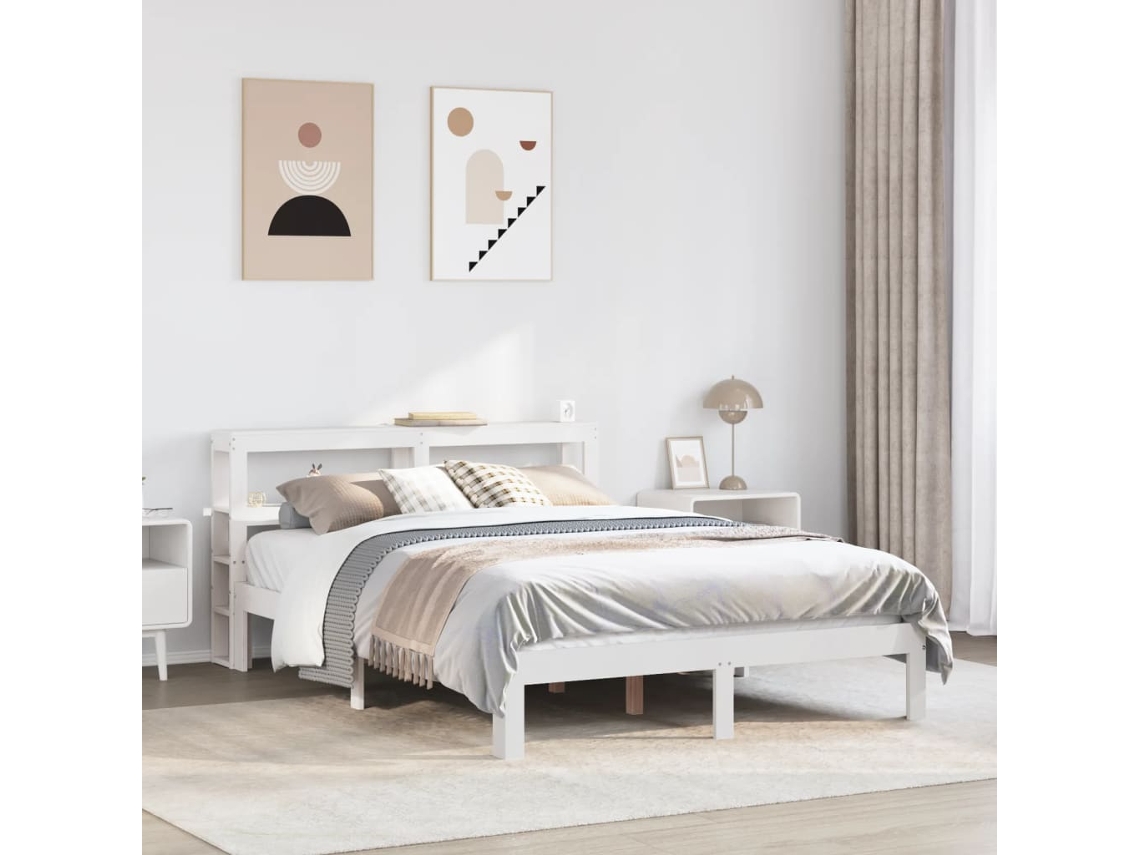 Vidaxl Estrutura De Cama C/ Cabeceira 150x200 Cm Pinho Maciço Branco
