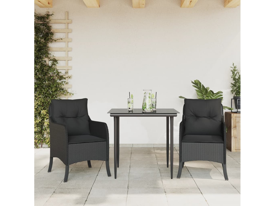 Vidaxl 3 Pcs Conjunto De Jantar P/ Jardim C/ Almofadões Vime Pe Preto