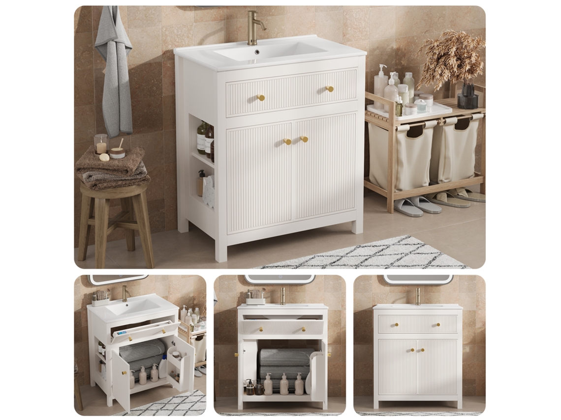 Móvel Banheiro Branco 81x46.5cm Cuba Cerâmica Design Canelado VELTRIX