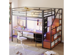 Cama De Metal Com Escrivaninha Led Tomadas Estantes Gavetas 140x200/90x200 Preta