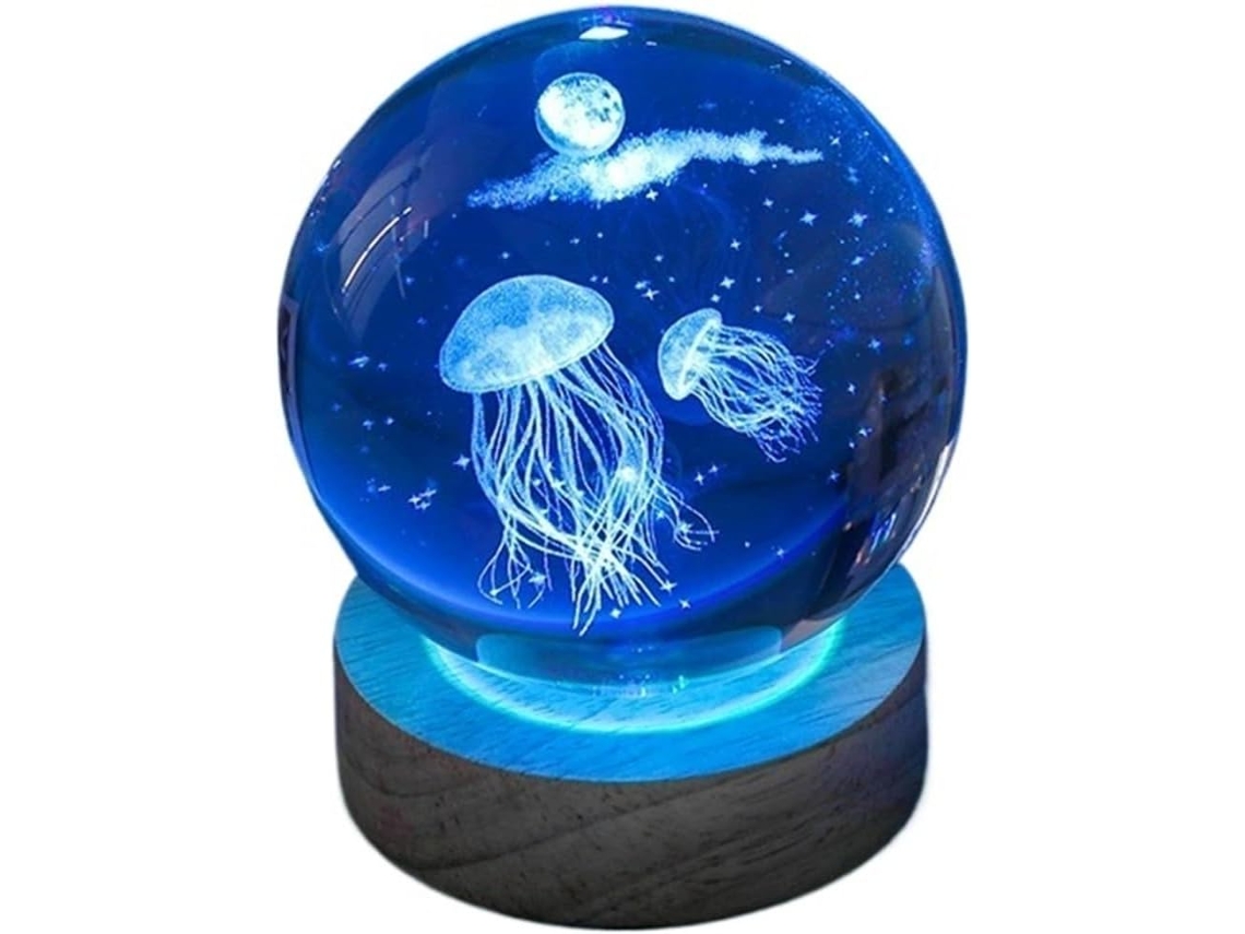 Luminária de cristal 3D com base de madeira - Luz noturna solar.