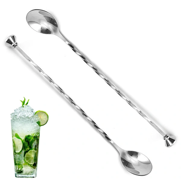 Conjunto De 2 Colheres De Bar, 30 Cm, Em Aço Inoxidável, Para Misturar Coquetéis, Com Socador.