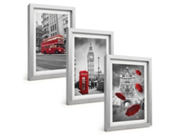 Um Conjunto De Imagens Decorativas Em Uma Molduradetalhes Em Vermelho, Londres Moldura Prateada Pinturas De Quarto Espelharte (3 Peças 20x30 Cm)