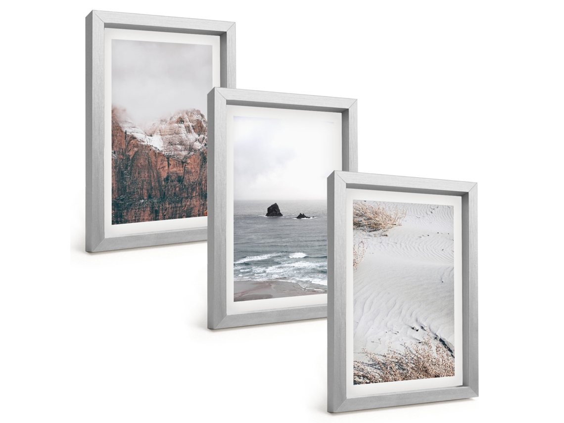 Composição De Quadros Na Paredemontanhas, Nuvens, Mar, Areia, Natureza Moldura Prateada Quadros Para A Sala De Estar Espelharte (3 Peças 20x30 Cm)