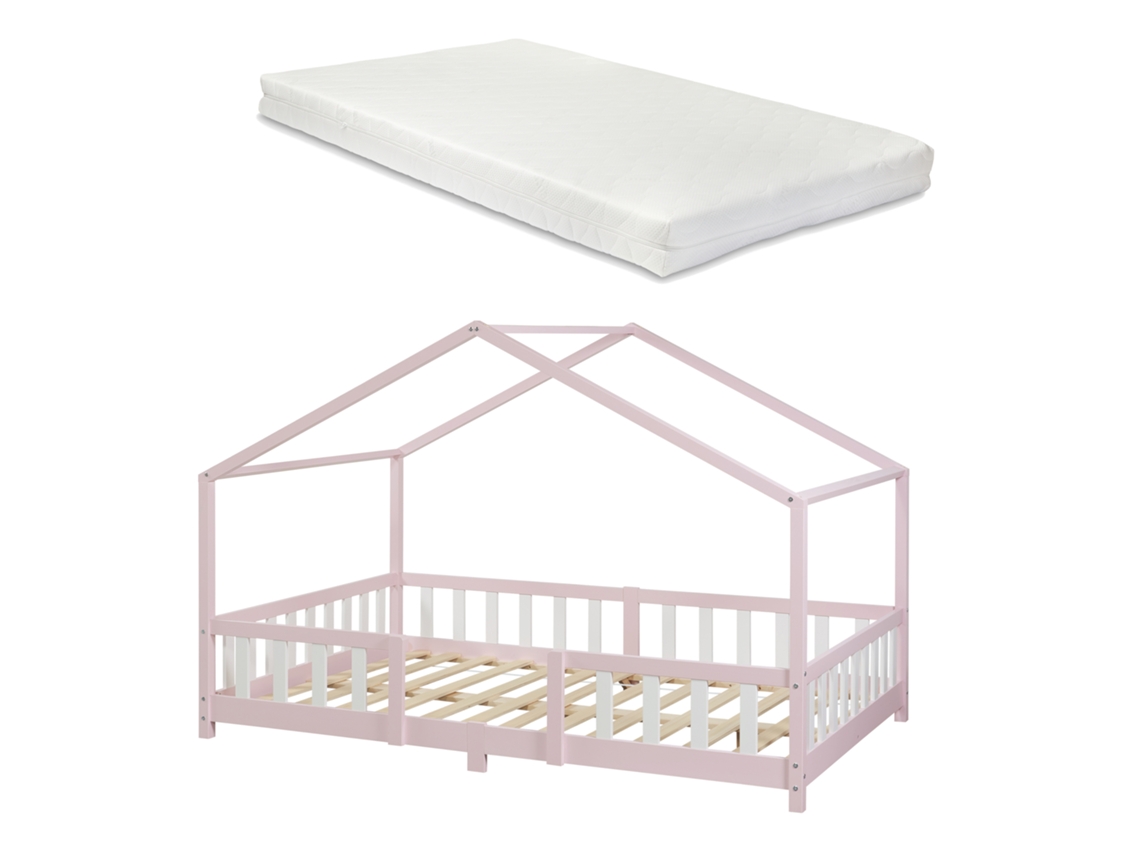Cama de Criança Treviolo Forma de Casa Pinho Colchão 140X200Cm Rosa [EN.CASA]