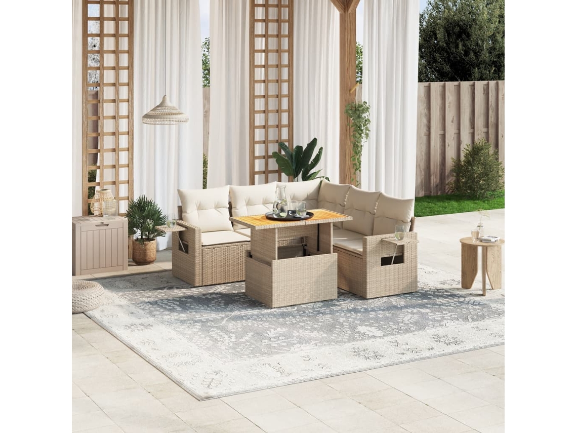 Vidaxl 6 Pcs Conjunto De Sofás P/ Jardim Com Almofadões Vime Pe Bege