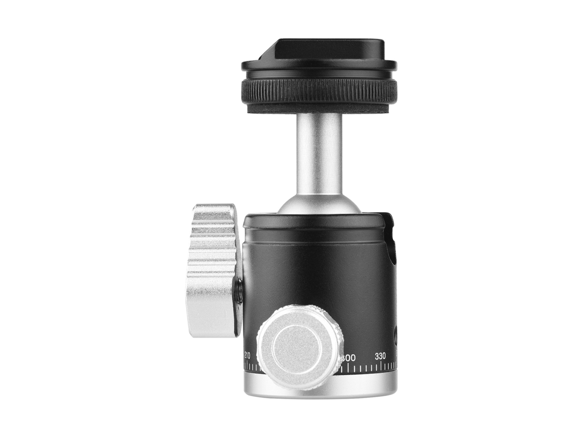 Mini suporte de bola 2 em 1 2026 com parafuso de 1/4" e sapata fria, rotação de 360°, alumínio, para câmera, celular e tripé.