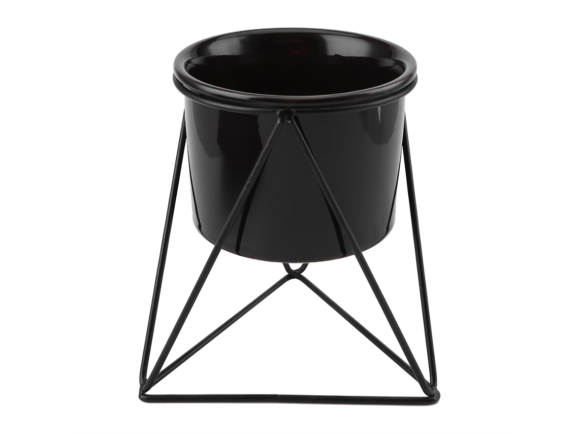 Vaso de cerâmica com suporte geométrico triangular em metal preto.