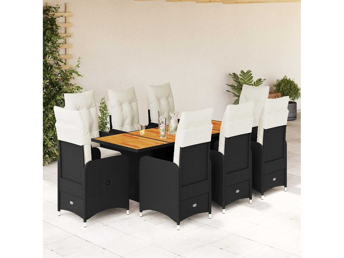 9 Pcs Conjunto De Bistrô P/ Jardin C/ Almofadões Vime Pe Preto Dkd Home Decor