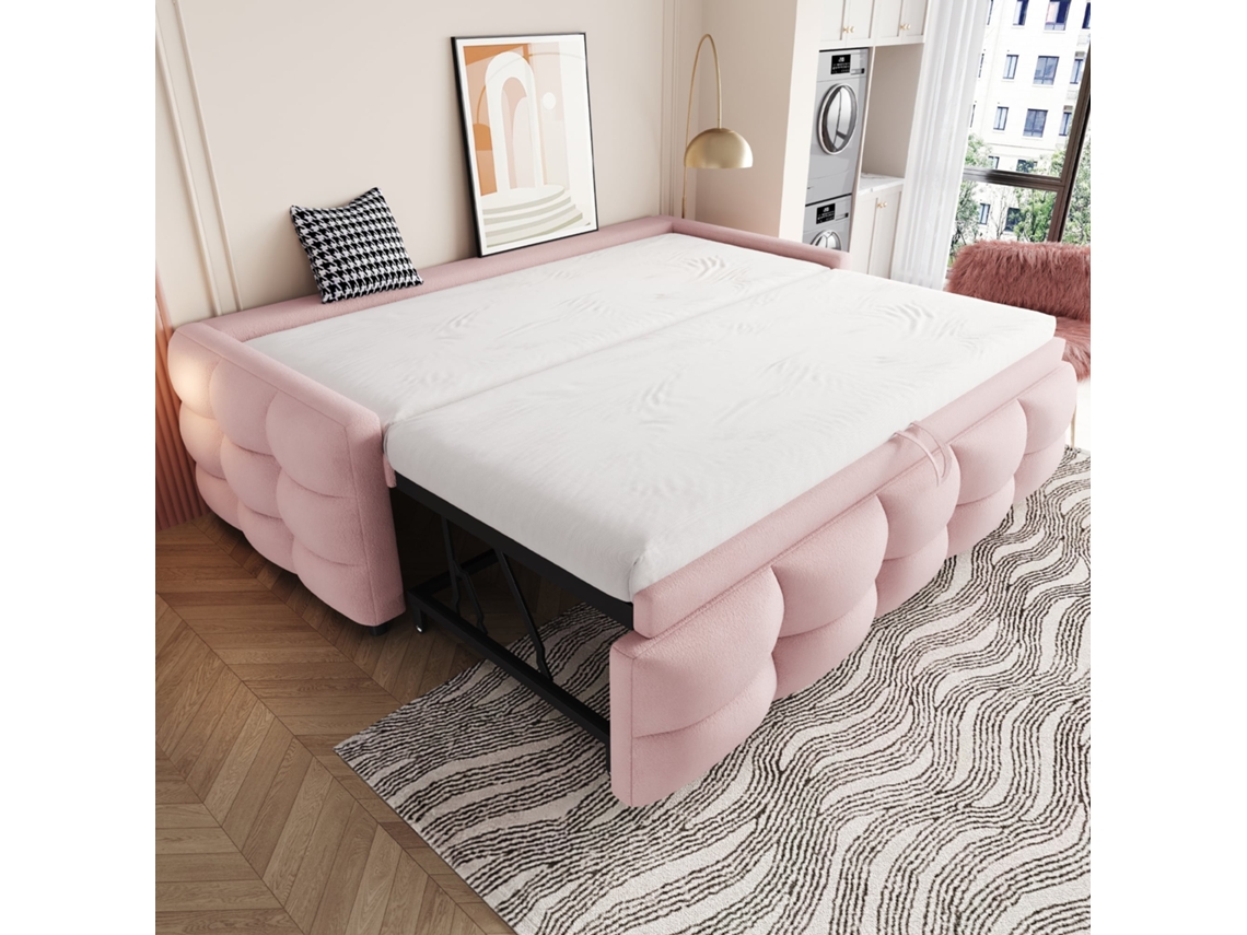 Canapé cama retrátil 90/180x190cm, veludo teddy, estrado de ripas, multifuncional, 300kg, rosa KOMHTOM