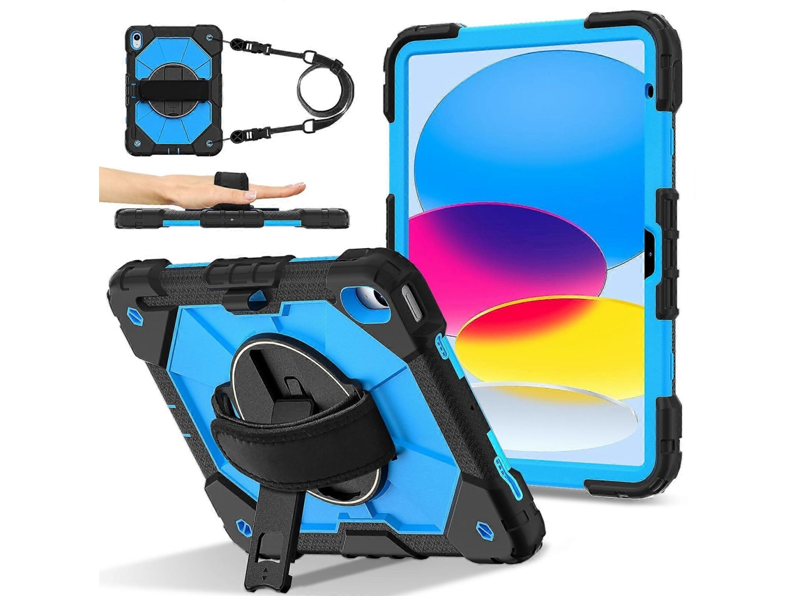 Capa de silicone para iPad 10.9 (2022), capa com suporte para PC, alça e alça de ombro, preta/azul, Hengrongshen (2025)