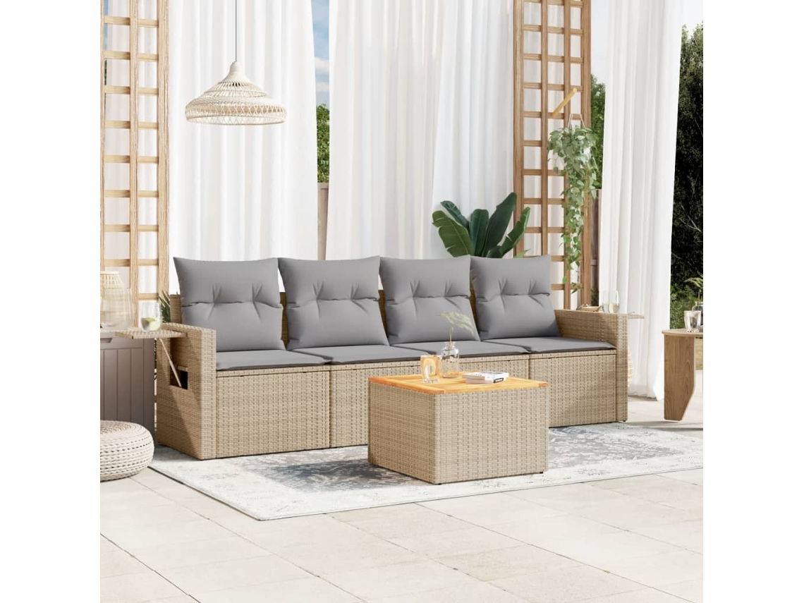 Vidaxl 5 Pcs Conjunto De Sofás P/ Jardim Com Almofadões Vime Pe Bege
