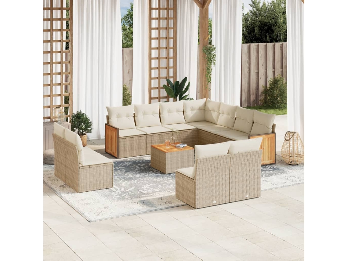 Vidaxl 12 Pcs Conjunto De Sofás P/ Jardim Com Almofadões Vime Pe Bege