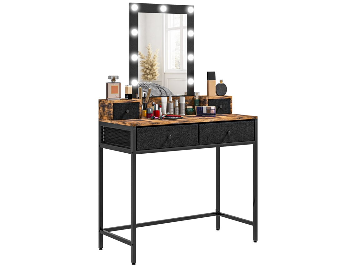 Coiffeuse BTFORUS com espelho LED ajustável, pés de metal preto, 4 gavetas de tecido, visual madeira escura