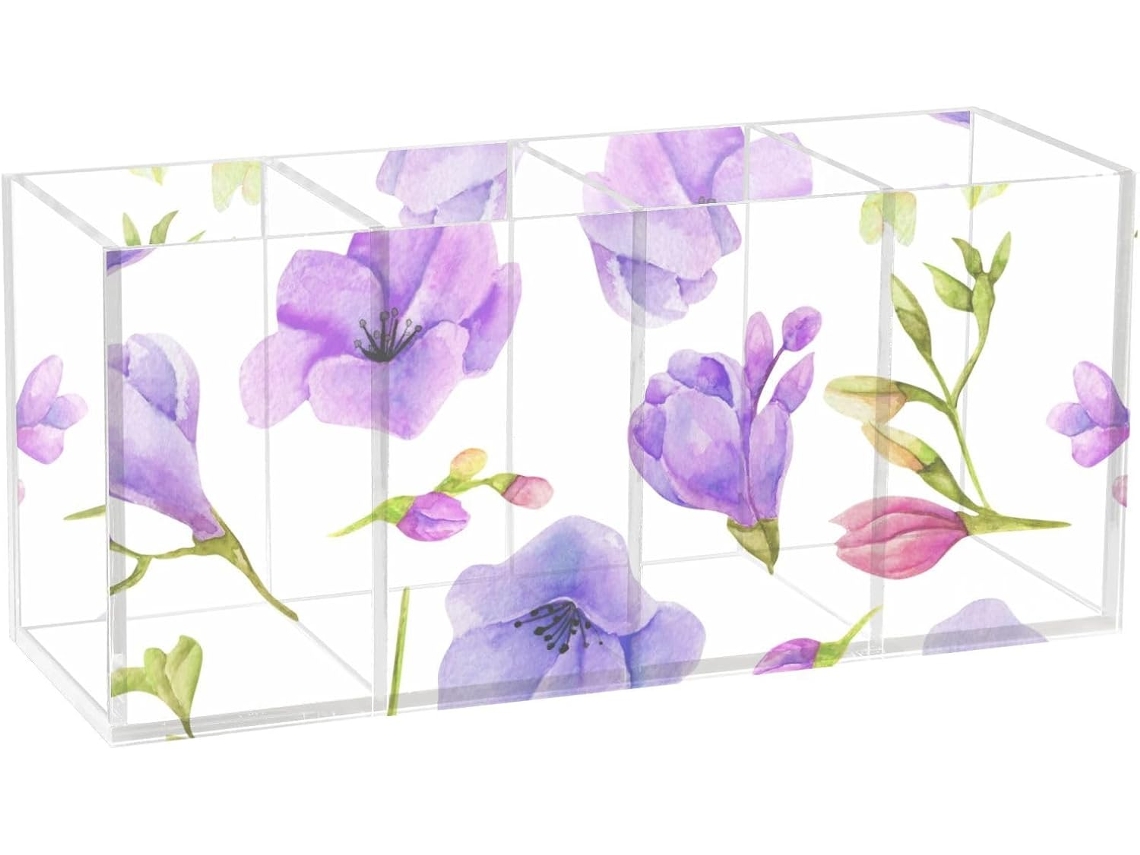 Conjunto de 4 Porta lápis Acrílico Frodotgv com Estampa Flor Frésia Roxa em Aquarela, Ideal para Escritório e