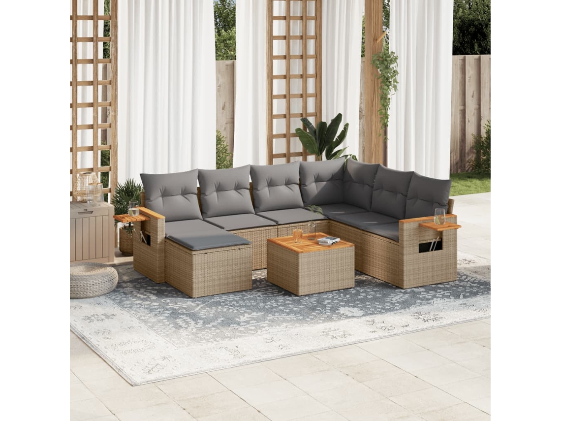 8 Pcs Conjunto De Sofás P/ Jardim Com Almofadões Vime Pe Bege Dkd Home Decor