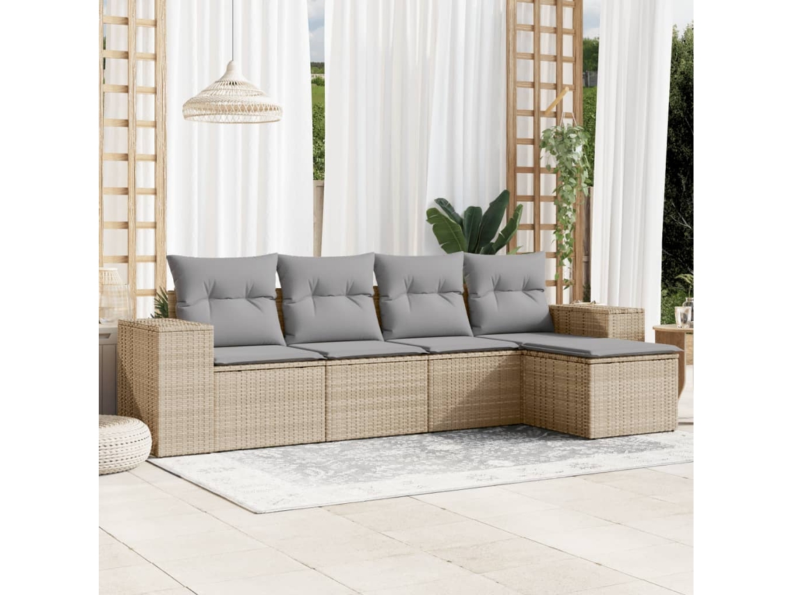 Vidaxl 5 Pcs Conjunto De Sofás P/ Jardim Com Almofadões Vime Pe Bege