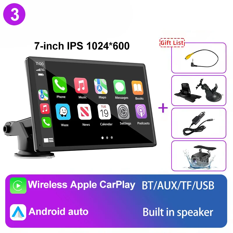 (cinza) Sistema De Infoentretenimento Automotivo Portátil Universal De 7 Polegadas Com Carplay, Android E Ios.