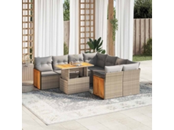 Vidaxl 9 Pcs Conjunto Sofás Jardim Com Almofadões Vime Pe/acácia Bege