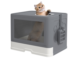 Caixa de Areia para Gatos com Tampa, 2 Saídas, 48,5 X 38 X 36,5 Cm, Cinza + Branco ESSÊNCIACASA