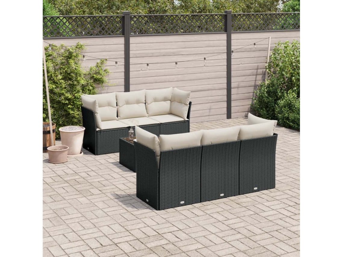 Vidaxl 7 Pcs Conjunto De Sofás P/ Jardim C/ Almofadões Vime Pe Preto