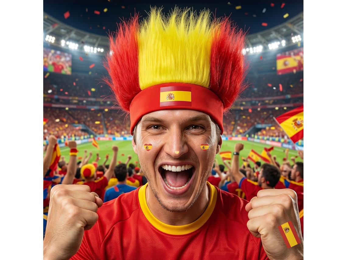 Faixa Peruca Volumosa Cores Espanha, Acessório Divertido para Festas e Torcida Esportiva