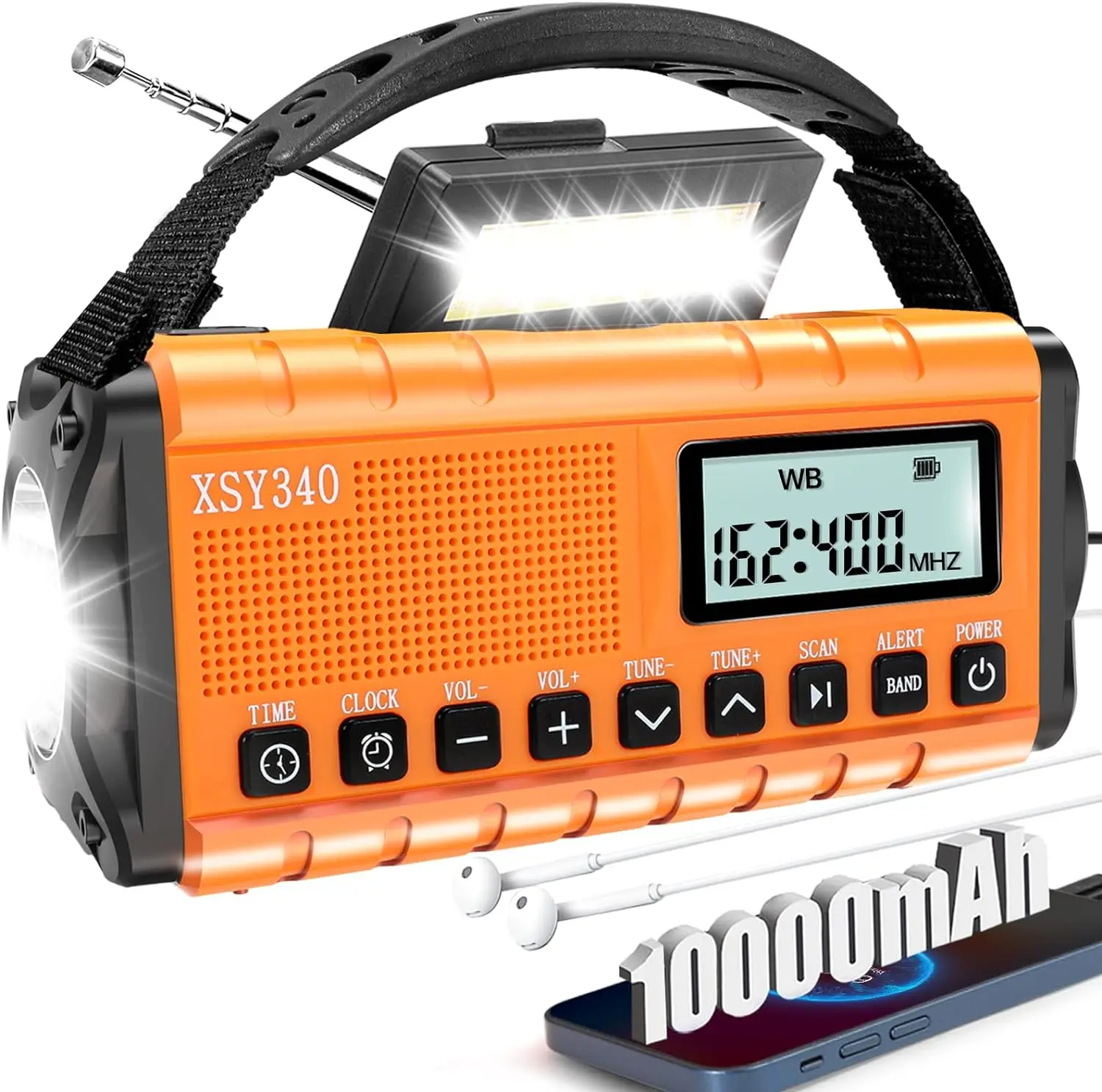 RÁDIO DE EMERGÊNCIA AQUAFORGE com manivela, energia solar, portátil, FM/AM, previsão do tempo, laranja