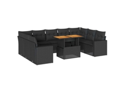 Conjunto de 10 Sofás de Jardim com Almofadões Vime Pe Preto MAISON EXCLUSIVE