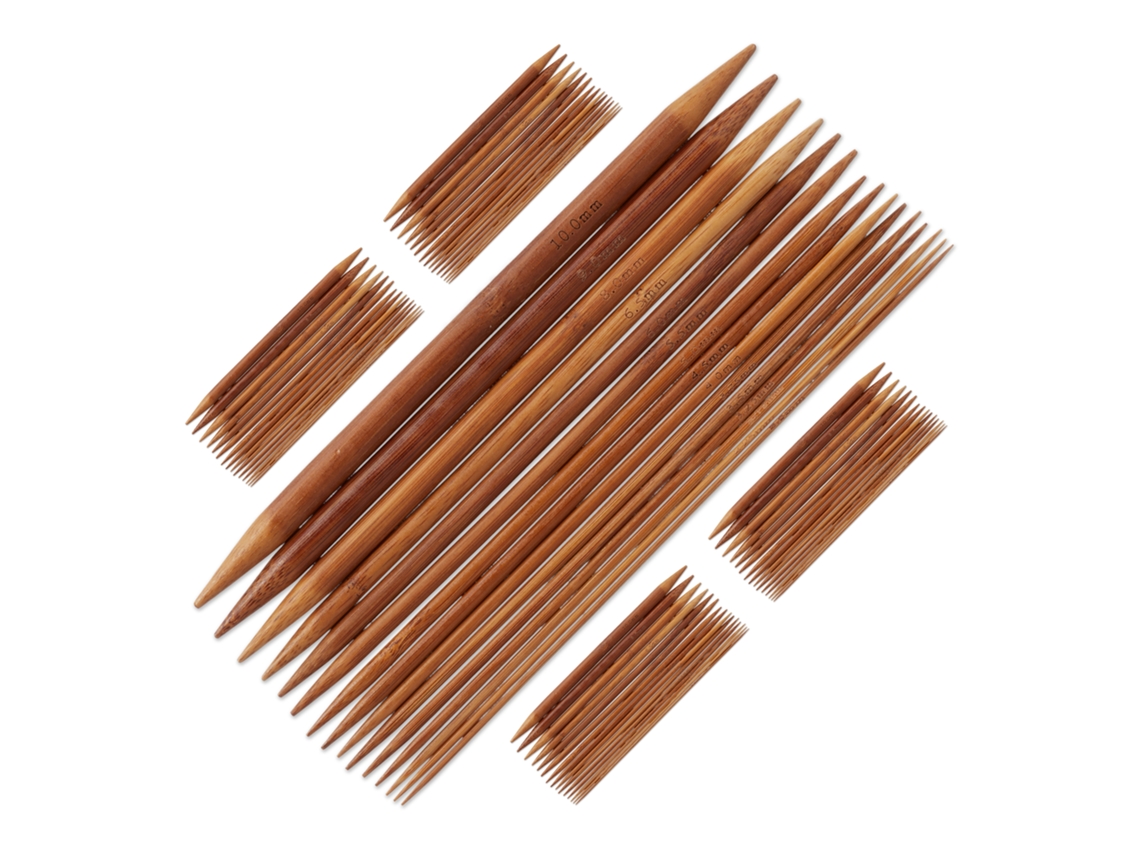 Relaxdays Conjunto De Agulhas Para Tricô, 75 Agulhas Para Meias, 15 Tamanhos, Ponta Dupla, Bambu, 2 A 10 Mm, Natural