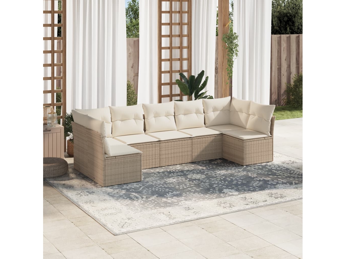 Vidaxl 7 Pcs Conjunto De Sofás P/ Jardim Com Almofadões Vime Pe Bege