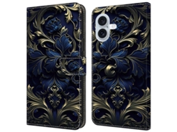 Capa Em Couro Pu Com Suporte Para Apple Iphone 16 - Flor Azul