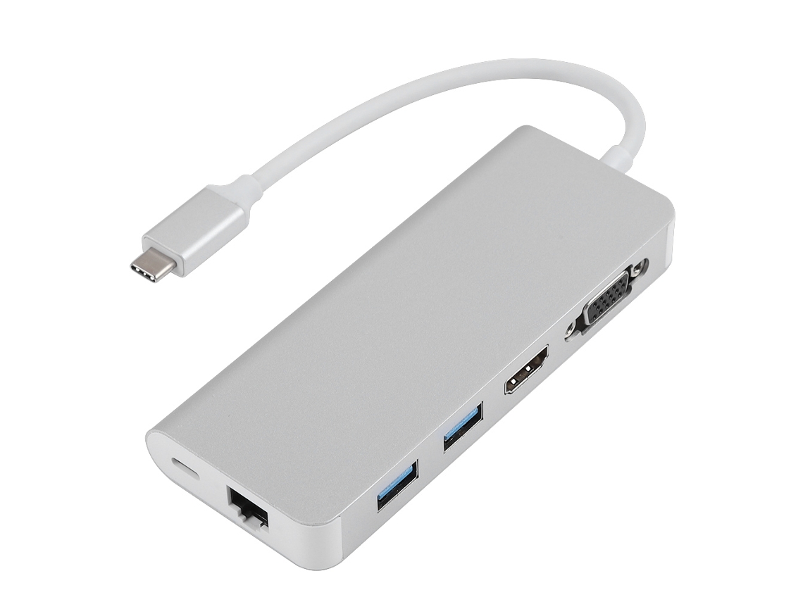 Hub Usb 3.0 Multifuncional 6 Em 1 Tipo C Para Conversor Hdmi Vga Rj45 Lan Gigabit Prata