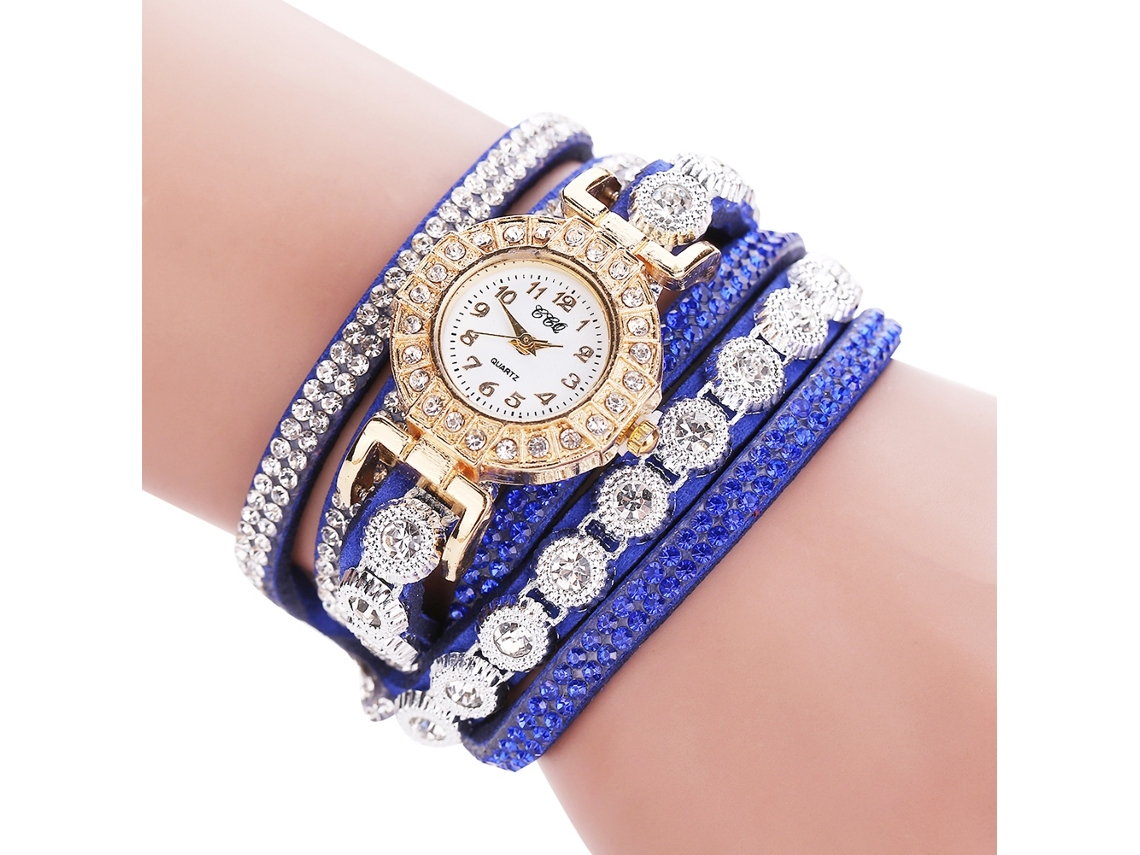 Relógio de Pulso Feminino Quartzo Camurça Multicamada Strass Fashion Azul Ccq