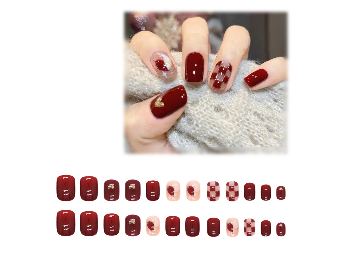 Tips para Unhas em Estilo de Coração Modelo R349 com Cola para Unhas em Xadrez AURUM