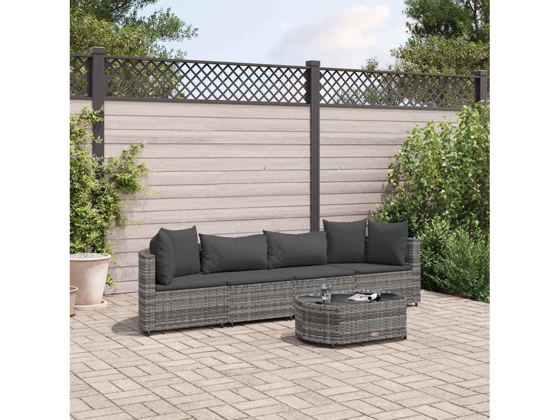 Vidaxl 5 Pcs Conjunto Sofás De Jardim C/ Almofadões Vime Pe Cinzento