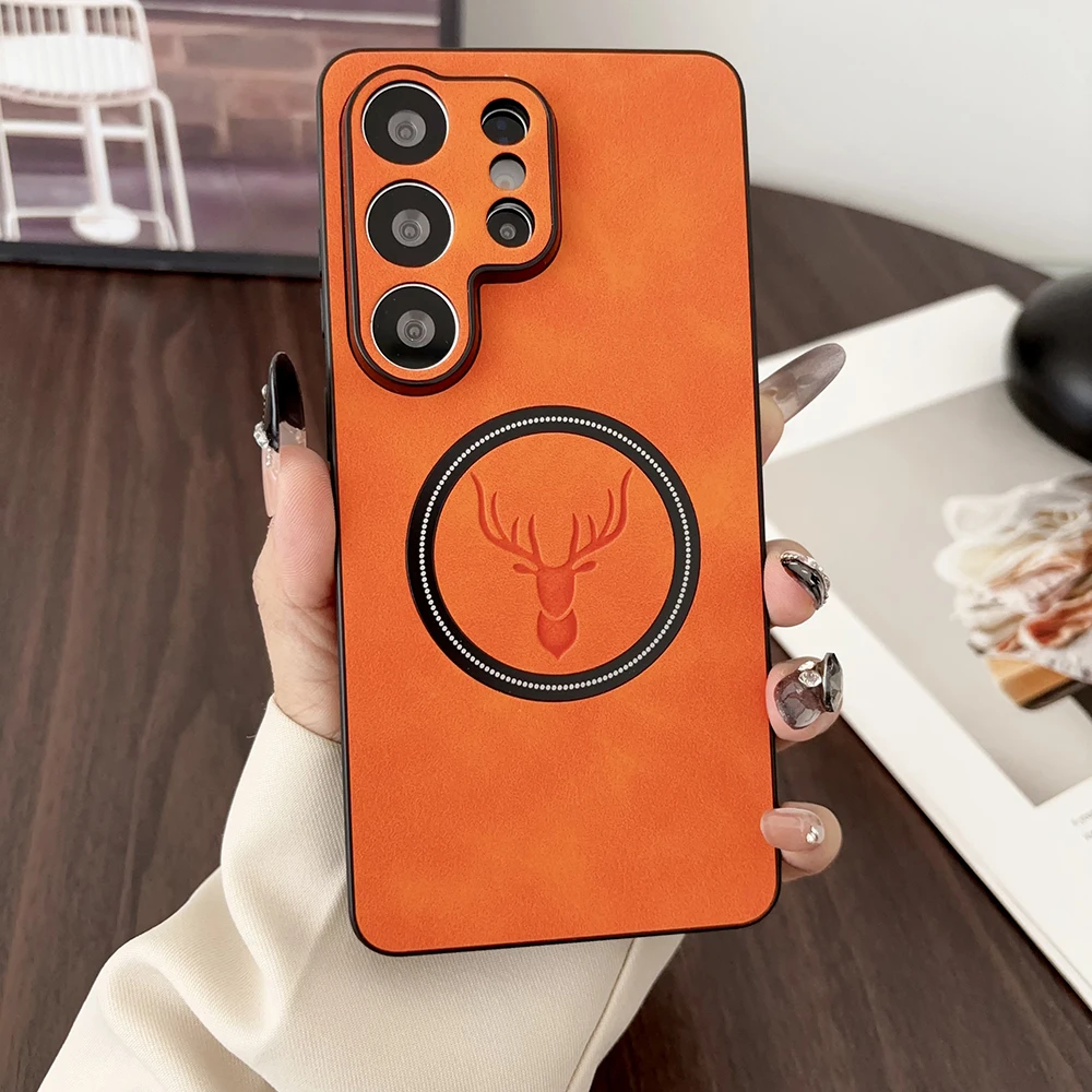 Capa Para Celular Samsung Galaxy S25 Ultra (laranja), Em Couro Pu Com Estampa De Veado, Compatível Com Carregamento Sem Fio.